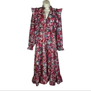 Aly Daly Ruffled Midi Dress Pink Roses Floral Prairie Victorian Cottagecore